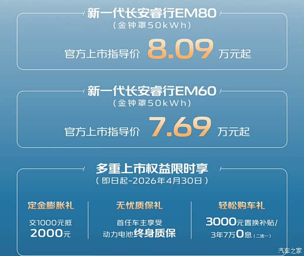 长续航+2C快充 售7.69万元起 新一代长安睿行EV(金钟罩50kWh)上市